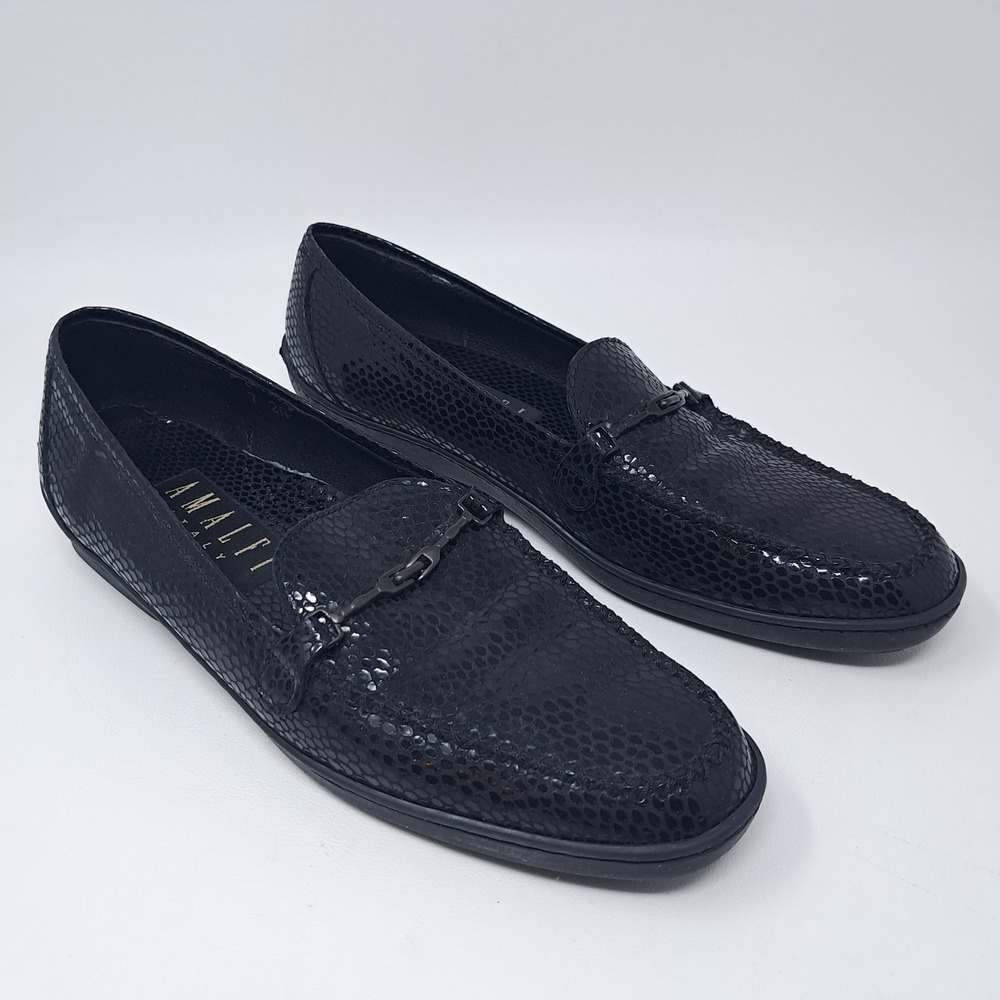 Vintage Amalfi Italy Womens Loafers Size 7 2A Narrow Black Snake Embossed Bit
